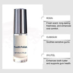 Tooth Polish bottle on white background with infographic callouts naming ingredients and benefits