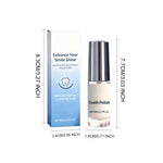 Tooth Polish bottle and matching box shown with printed height and width dimensions in inches and cm