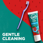 Flat-lay style image of a purple toothbrush and Tom's of Maine kids toothpaste tube on a teal and red background with text “GENTLE CLEANING.”