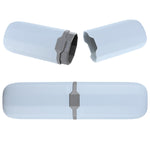 Light blue travel toothbrush case shown assembled and separated to display the lid and base pieces