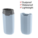 Two light blue toothbrush case halves showing interior shape with checklist text noting dustproof waterproof lightweight
