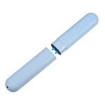 Light blue speckled toothbrush case shown partially separated to reveal the insert and connection with blue directional arrows