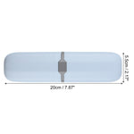 Top-down view of light blue toothbrush travel case with dimension arrows and measurements overlaid