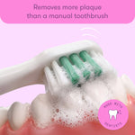 Close-up of a toothbrush head brushing foamy toothpaste across a model of teeth, with copy claiming plaque removal and a dentist-made badge.