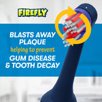 Close-up graphic of a rotating toothbrush head with arrows and text claiming it blasts away plaque against a blue background