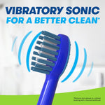Close-up render of a blue toothbrush head with motion lines and headline about vibratory sonic cleaning