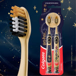 Composite image showing a close-up toothbrush head beside packaged Colgate Harry Potter twin toothbrush blister pack