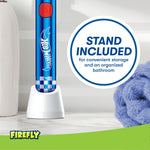 Blue Hot Wheels toothbrush standing in a white storage stand with callout 'Stand Included' on a bathroom surface