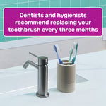Bathroom scene with sink and toothbrush holder and overlay text recommending replacing your toothbrush every three months