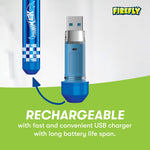 Graphic showing the toothbrush base separated to reveal a blue USB charger and text about being rechargeable