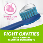 Close-up of a toothbrush head with clear gel and ‘Bubble Gum Flavor’ icon and text promoting cavity fighting