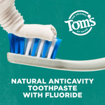 Close-up of a toothbrush with white paste being squeezed from a tube and Tom’s of Maine logo on a teal background