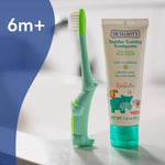 Dr. Talbot's toddler toothpaste tube and green alligator toothbrush standing side-by-side with '6m+' graphic