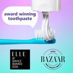 Toothpaste being squeezed onto a toothbrush with 'award winning toothpaste' text and magazine logos