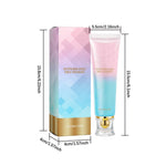 Toothpaste tube and matching box with measurement callouts showing height and width dimensions on a white background.