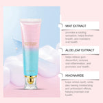 Toothpaste tube on a soft pastel background with three labeled benefit panels listing mint extract, aloe leaf extract, and niacinamide.
