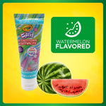 Toothpaste tube beside watermelon and a label reading ‘Watermelon Flavored’ on a bright yellow background
