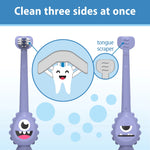 Informational graphic showing purple ToothScrubber toothbrush, tongue scraper detail, and headline 'Clean three sides at once'