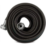 Top-down view of a tightly coiled black textured garden hose with visible metal threaded fitting and teal stripe