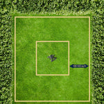 Top-down lawn graphic with a small triangular sprinkler at center and bordered squares indicating coverage area.