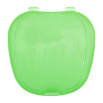 Top-down view of a translucent green plastic retainer or braces storage case on white background