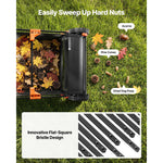 Top-down view of a lawn sweeper collecting leaves and pine cones with callouts naming acorns and pine cones and close-up of flat-square bristles.
