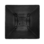 Top-down view of an empty square black planter showing interior base supports and drain hole