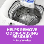 Top-load washing machine interior close-up above purple banner reading 'Helps remove odor-causing residues in any washer'