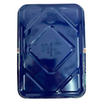 Top view of a blue board-style lid for a 13x9 meal prep pan with molded central diamond pattern