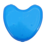 Top-down view of a closed translucent blue heart-shaped plastic case for dental braces or retainers on white background.