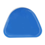 Top view of a glossy blue triangular plastic retainer/braces storage case on a white background.