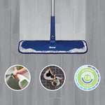 Top view of a Bona blue flat mop head on a gray wood-look tile background with circular icons highlighting product features.