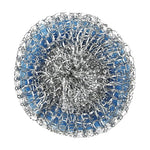 Top-down view of a single silver steel mesh scrubber showing woven metal texture and blue inner core