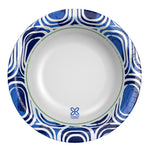 Top-down view of an empty Dixie Ultra blue swirl paper bowl showing interior rim detail and small brand logo at center.