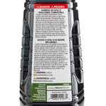 Rear close-up of black plastic fuel bottle showing bilingual danger warnings and barcode label