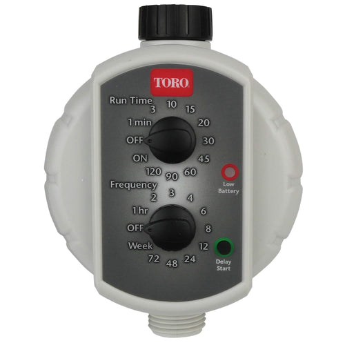 Toro low-pressure tap timer front view showing run-time and frequency dials, status LEDs