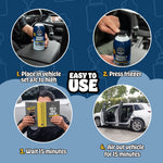 Step-by-step usage graphic featuring photos of Chemical Guys Total Reset can placement, trigger press, wait, and airing out vehicle