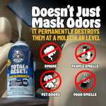 Lifestyle infographic showing a Chemical Guys Total Reset can in a car and icons for smoke, pet, food, and people smells