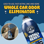 Promotional graphic of a tilted Chemical Guys Total Reset can with headline "Whole Car Odor Eliminator"