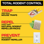 Promotional panel titled 'Total Rodent Control' showing a Victor trap and icons for repel and prevent solutions