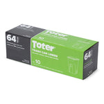 Green and black Toter branded rectangular box of 64-gallon trash can liners displayed on white background