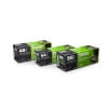 Three green and black Toter trash can liner boxes arranged in a row on white background