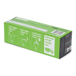 Rear panel of a green Toter trash can liner box showing pull-over instructions and a barcode on white background