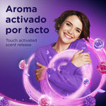 Promotional graphic of a smiling woman hugging herself with text about touch-activated scent release and floral icons
