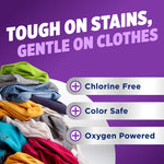 Purple-themed panel stating ‘Tough on stains, gentle on clothes’ with a folded laundry pile and benefits list