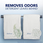 Before and after towel comparison graphic with headline "Removes Odors" and magnified fabric insets showing cleaner fibers