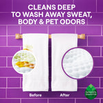 Before-and-after visual of two white towels on purple tile background illustrating deep cleaning with a Seventh Generation logo