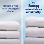 Split comparison graphic showing rough towels on left and fluffy towels on right with Downy branding