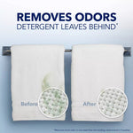 Two white towels on a rack labeled Before and After with magnified knit insets and headline “Removes Odors”