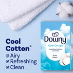 Flatlay showing white towels, a cotton boll, and a Downy Cool Cotton box with product benefits text.